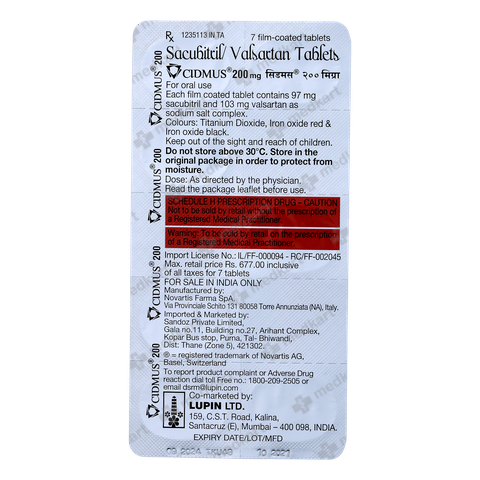 CIDMUS 200mg Tablet 7's with Sacubitril and Valsartan for heart health.