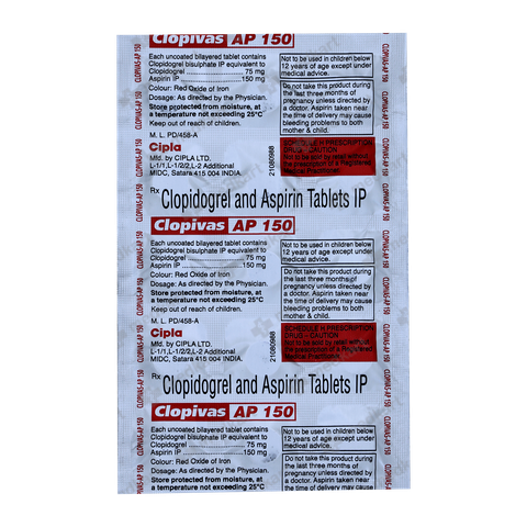 CLOPIVAS AP 150MG Tablet 15's pack – Buy online at Medkart